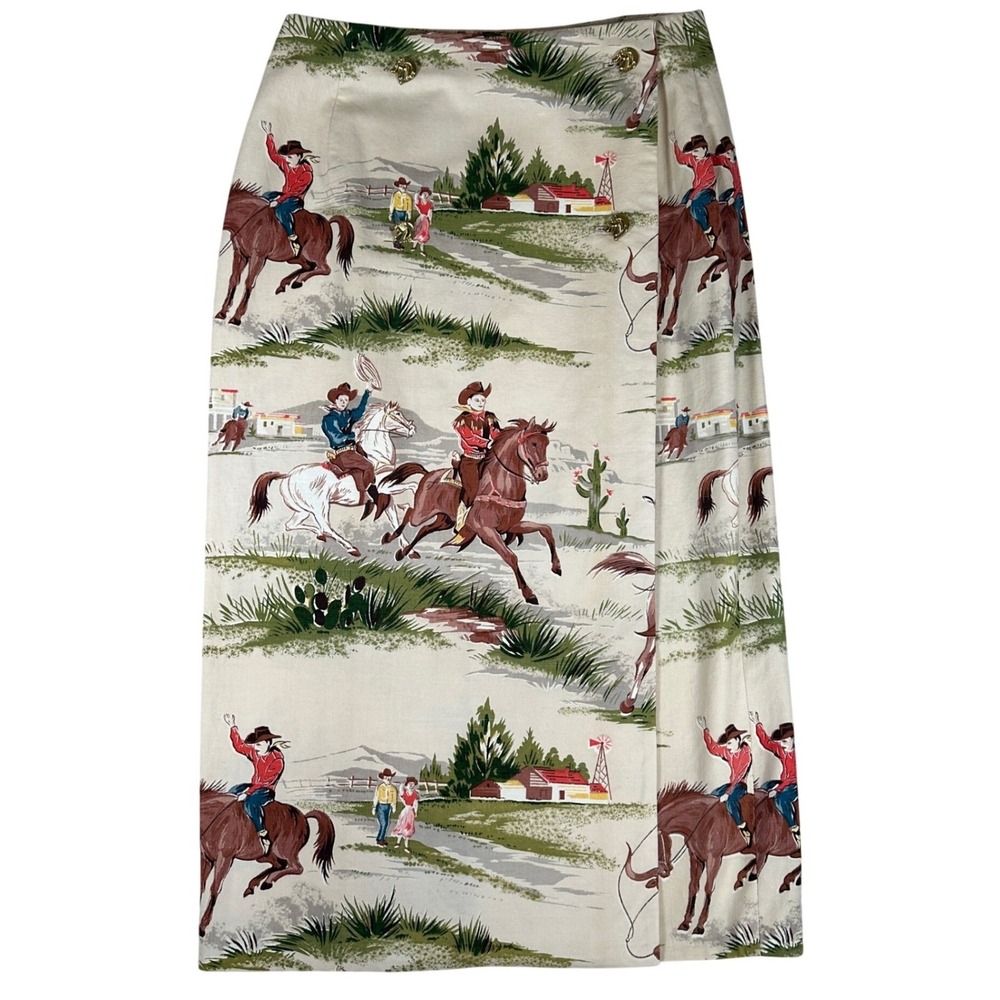 Vintage Western Cowgirl Horse Novelty Print Wrap Skirt Horse Head Buttons Tan 27 - Picture 1 of 8